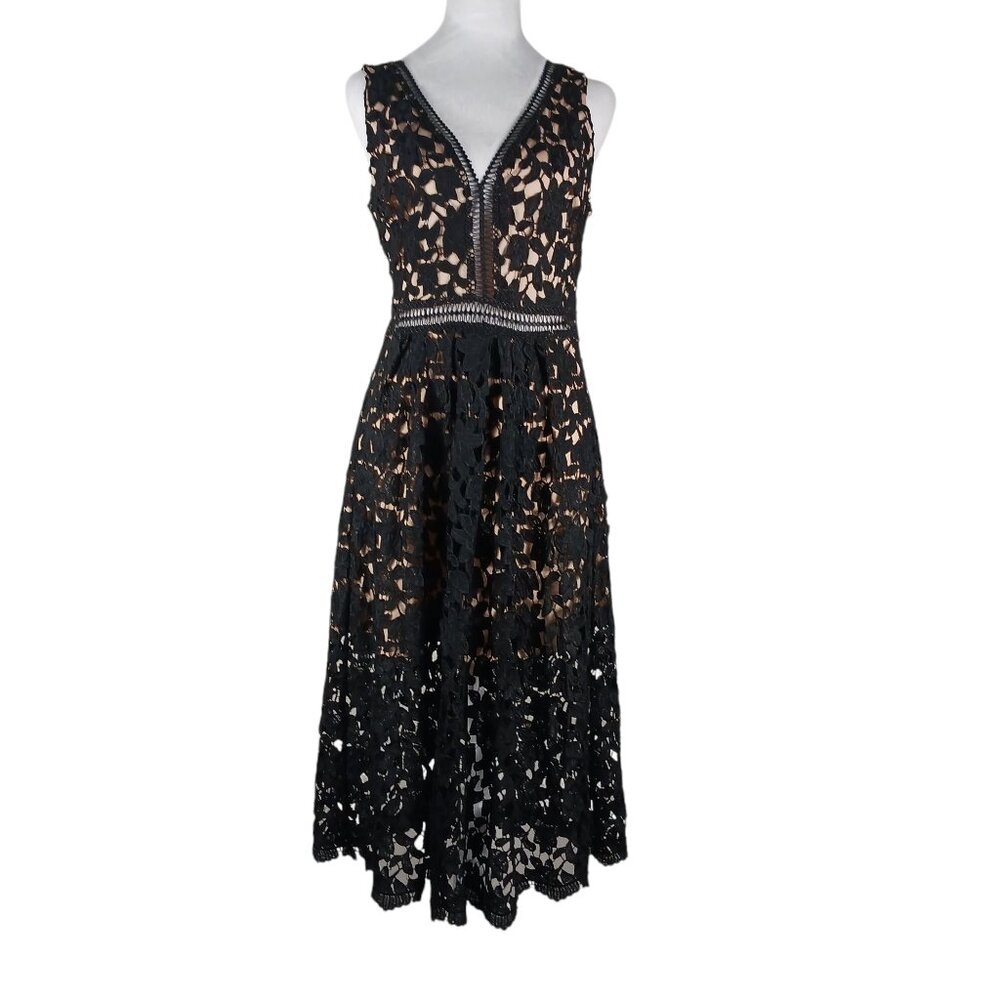 Just Me, Black Lace Midi Dress, LRG, Nude Mini Length Lining Sleeveless Cocktail - Picture 3 of 16